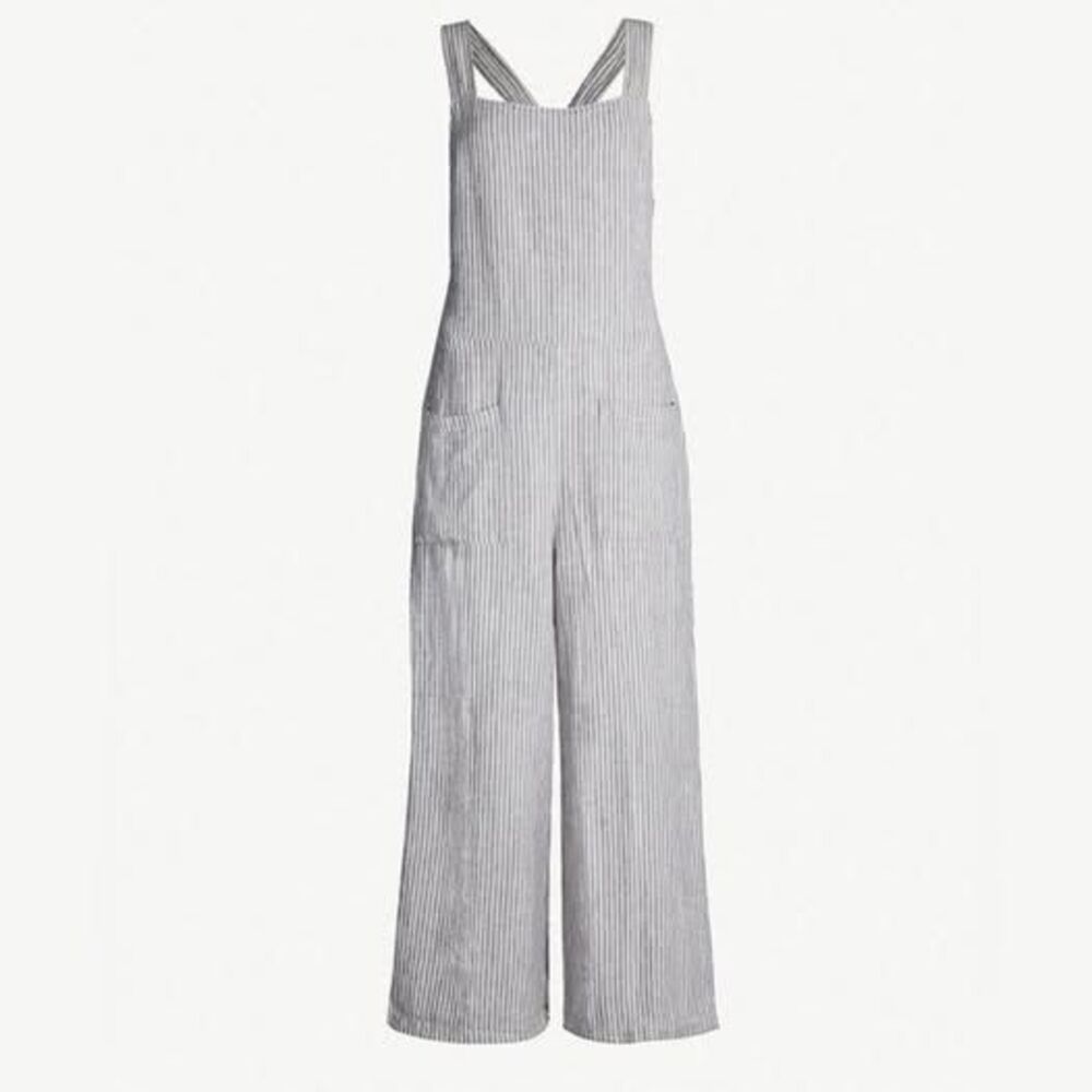 Free People Gray and Cream Stripped Off The Shore Linen Blend Overall Size 4